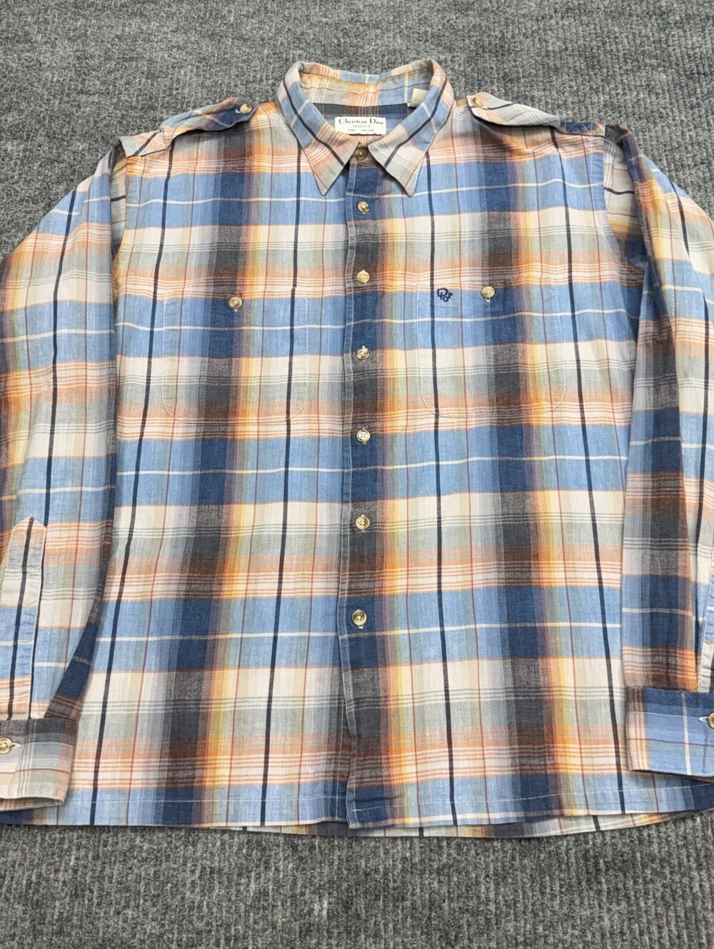 Vintage Christian Dior Monsieur Button Up Shirt Mens XL Plaid Shoulder Epaulets - Picture 2 of 8